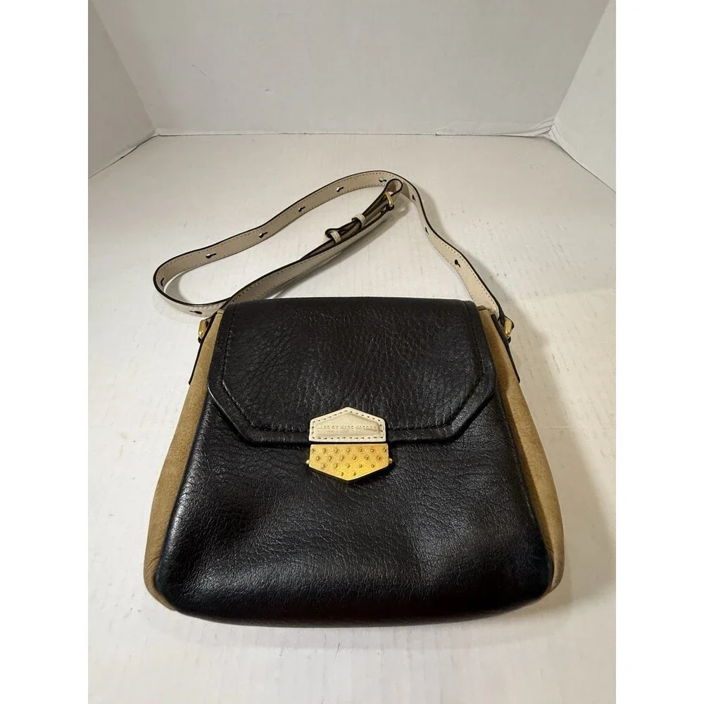 Marc By Marc‎ Jacobs Black White Leather, Camel Suede, Gold Buckle Handbag Purse